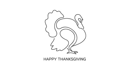 Minimalist single line drawing of a turkey with the words happy thanksgiving below on a white background