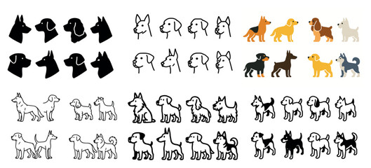 Various dog silhouettes and cartoon illustrations