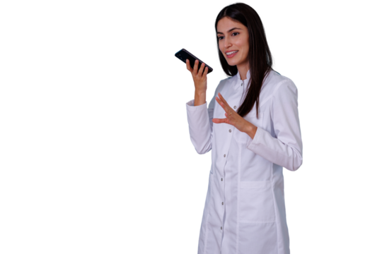 Female medical professional recording voice note on smartphone, communicating, gesturing, transparent background - Powered by Adobe