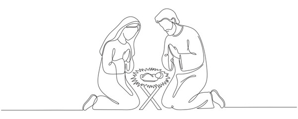 Continuous one line Christmas vector Christian nativity scene of baby Jesus with Mary and Joseph. Bethlehem scene. Editable line