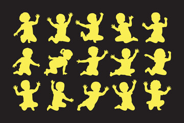 Yellow baby silhouettes in various playful poses on background