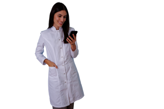 Healthcare professional wearing a lab coat holding a smartphone, looking at its screen and smiling. Transparent background