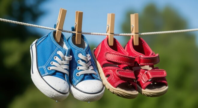 Clothesline footwear displays children's shoes, showcasing blue sneakers and red sandals hanging outdoors with wooden clothespins.