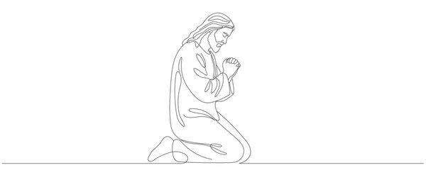 Jesus Christ praying, drawn with one continuous line. Christian symbol of Easter and Christmas in a simple line style. Editable stroke. Vector illustration