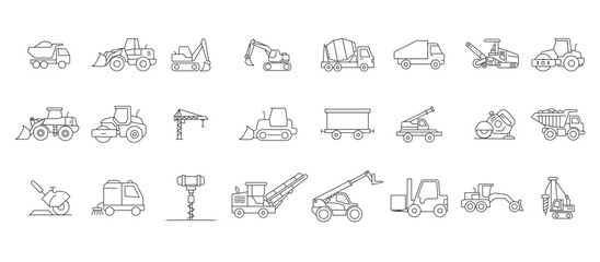 Set of outline icons representing construction vehicles and heavy equipment. Includes line illustrations of dump truck, excavator, bulldozer, crane, cement mixer, roller, forklift, grader, road cutter