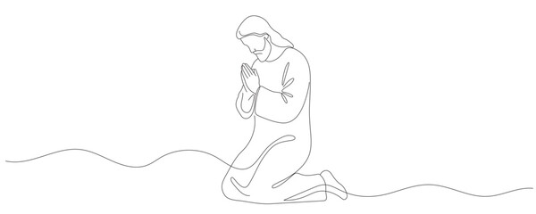 Jesus Christ praying, drawn with one continuous line. Christian symbol of Easter and Christmas in a simple line style. Editable stroke. Vector illustration