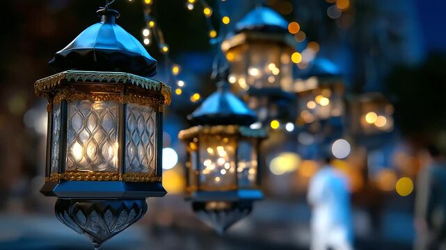 Defocused image of ornate lanterns glowing during Ramadan nights, creating an ethereal pattern of light and shadow, with copy space.