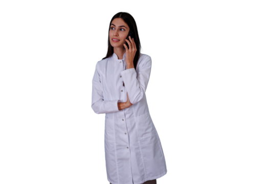 Female doctor wearing lab coat talking on mobile phone, providing telehealth medical consultation, on transparent background