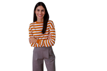 Young woman smiling, standing confidently with arms crossed, transparent background, horizontal copy space