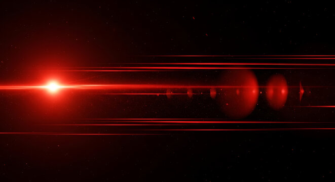 Red lens flare effect with horizontal light streaks and bokeh creating a dramatic and cinematic atmosphere for science fiction or futuristic designs and backgrounds