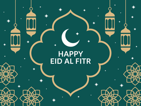 A vibrant Eid al-Fitr greeting featuring decorative lanterns, stars, and floral patterns, symbolizing the joyous spirit of the holiday and the celebration of family and togetherness.