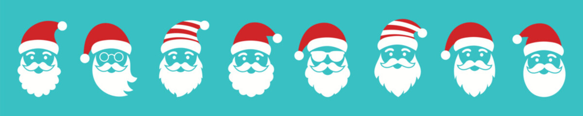 Set of cute cartoon icons with Santa Claus's face. Christmas stickers. Vector illustration