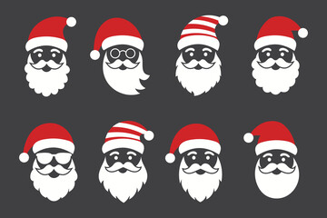 Set of cute cartoon icons with Santa Claus's face. Christmas stickers. Vector illustration