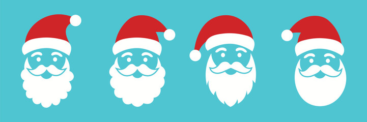 Set of cute cartoon icons with Santa Claus's face. Christmas stickers. Vector illustration