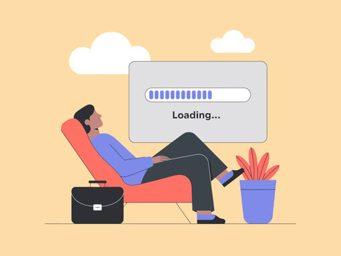 An abstract digital art piece showcasing a man lounging comfortably while looking at a loading screen, representing impatience and the modern digital experience.