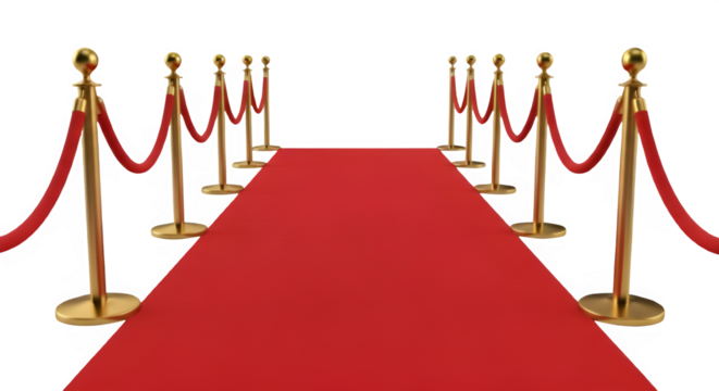 Red Carpet with Gold Stanchions and Ropes for Awards, Premiere, or VIP Event