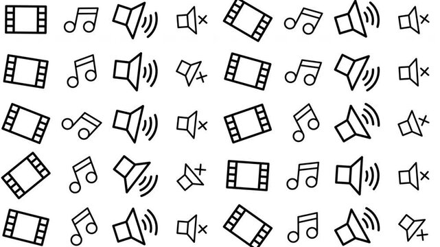 Seamless multimedia icons pattern featuring music notes, video reels, and speaker symbols in black and white graphic design