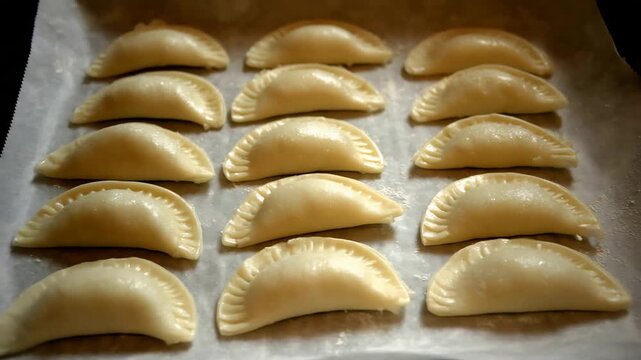 Rows of Uncooked Homemade Dough Pastries Arranged Neatly on Baking Paper Ready to Bake.