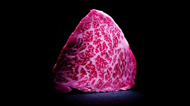 Exquisite Slice of Raw Marbled Wagyu Beef with Intricate Fat Pattern Against Black Background.