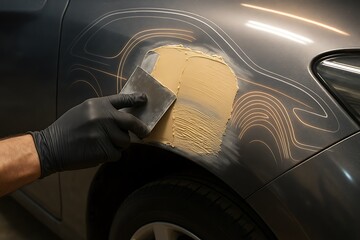 Technician Applying Body Filler on Damaged Car Fender in Auto Repair Workshop