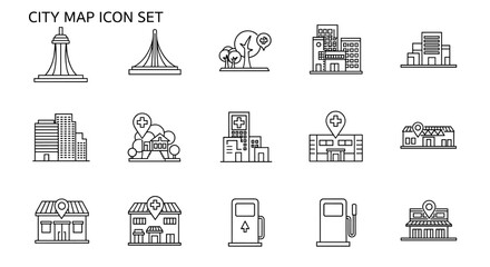 City Map Icon Set: A comprehensive collection of outline icons representing urban landmarks, including monuments, parks with trees and signage, various types of buildings like hospitals and offices