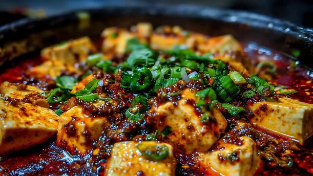 Authentic Spicy Mapo Tofu Dish with Green Onions in a Traditional Sauce, Close-up View.