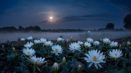 White water lilies bloom under a full moon in a misty landscape