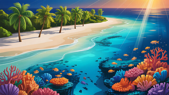 Tropical beach with palm trees and vibrant coral reef teeming with fish tropical island