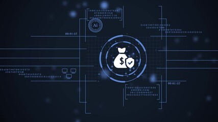 fintech hud with a blue money bag shield and network monitoring. digital banking interface with a blue "secure funds" icon and data codes. future of banking: a high-tech "money safe" hud. - Powered by Adobe