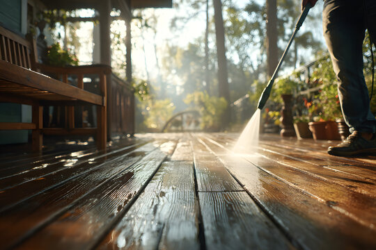 cleaning terrace with a power washer - high water pressure cleaner on wooden terrace surface