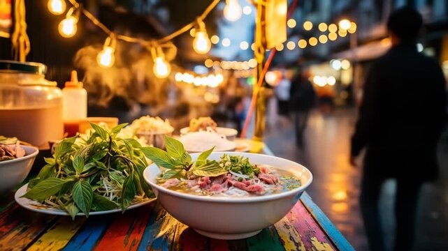 Authentic Vietnamese Pho Noodle Soup Steaming at a Vibrant Night Street Food Market
