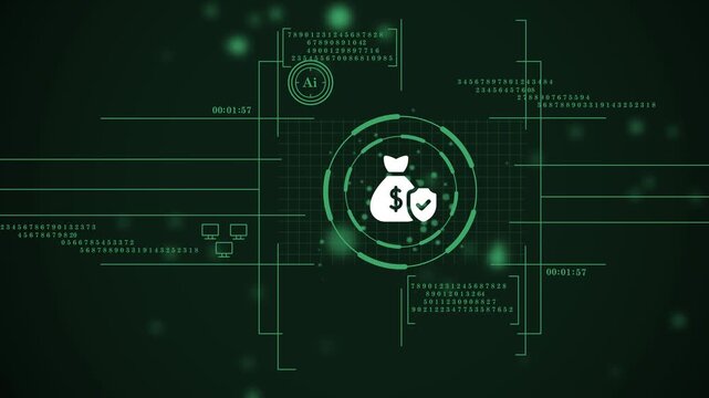 digital banking interface with a green "secure funds" icon and data codes. future of banking: a high-tech "money safe" hud. fintech hud with a blue money bag shield and network monitoring. 
