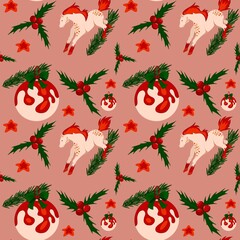 Christmas pattern with horse, holly, pine branches, berries, Christmas toys and stars.