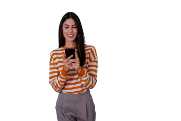 Woman smiling while using smartphone, standing with transparent background, communicating online and texting