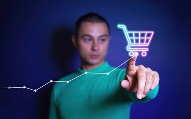 Man touching a digital shopping cart icon with a growth chart