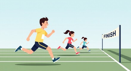 Obraz premium Children Running on Track Field. Flat Vector Sports Illustration.