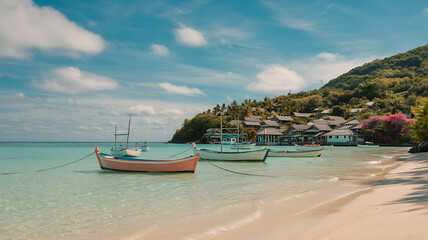 Obraz premium Tropical island village with boats anchored in clear turquoise water image