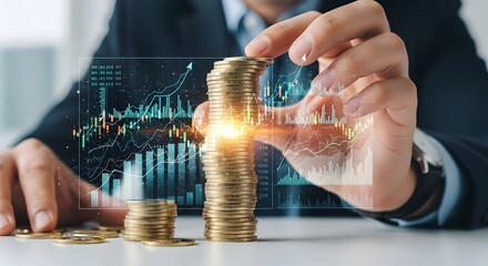 Businessman stacking gold coins with financial graph overlay for investment and finance growth strategy in business concept, money saving plan