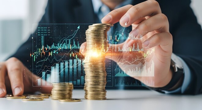 Businessman stacking gold coins with financial graph overlay for investment and finance growth strategy in business concept, money saving plan