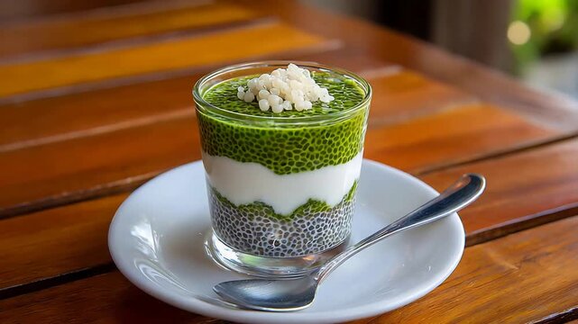 Delicious Layered Chia Seed Pudding with Green Matcha and Coconut Yogurt Topped with Tapioca Pearls.