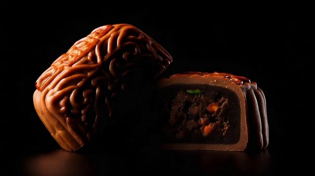 Delicious Traditional Mooncake Cut in Half Revealing Rich Textured Filling on Dark Background.