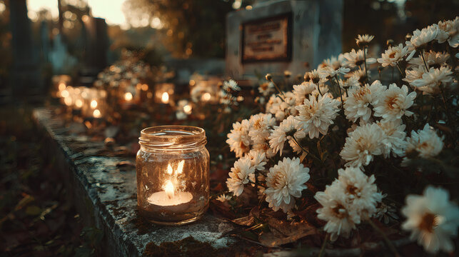 Memorial candles and flowers at sunset grave site