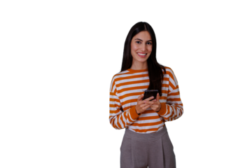 Young woman smiling and holding a mobile phone, texting, communicating, social networking with transparent background