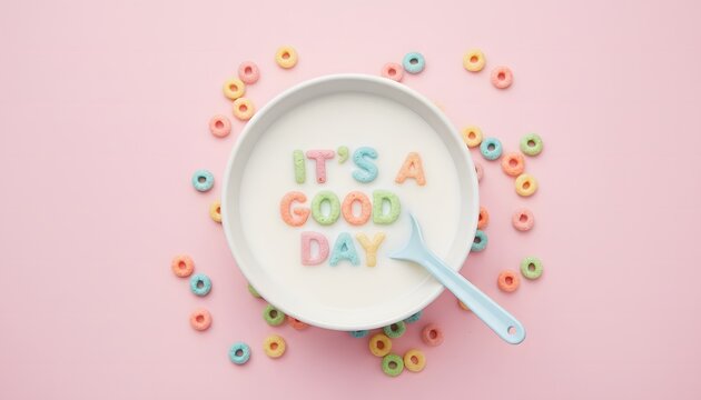 Bowl of Cereal with Milk and Colorful Letter Shaped Cereal Forming Phrase It's Good Day on Pink Background in Top Down Arrangement 164 Characters