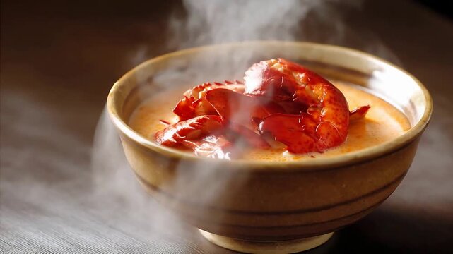 Appetizing steaming lobster bisque with succulent seafood pieces served in a rustic wooden bowl.
