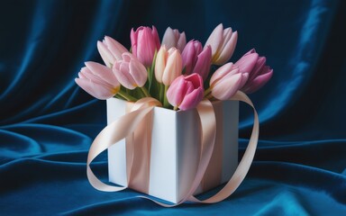 A delightful gift box brimming with fresh pink and white tulips, elegantly presented on a deep blue silk background