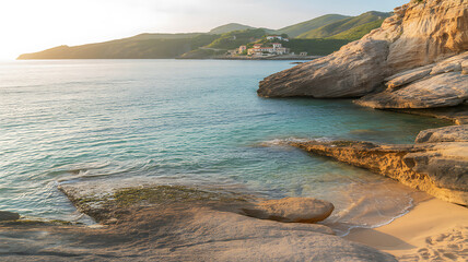 Turquoise water laps a sandy beach with rocky cliffs and distant village ocean coast