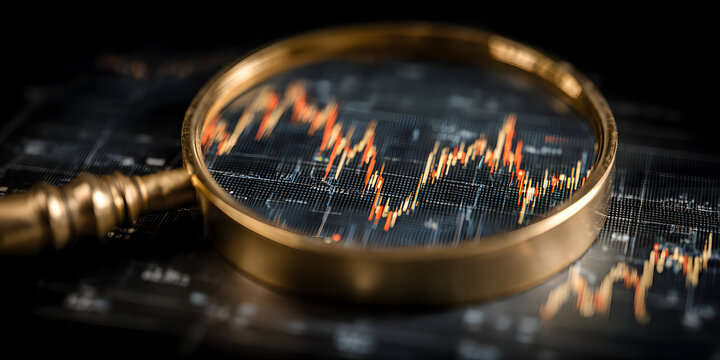 Magnifying glass focusing on candlestick chart, showcasing market analysis on a dark background, concept for financial review, investment strategy and business intelligence data analysis
