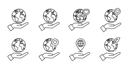 Collection of modern outline style icons featuring a hand holding the Earth or Globe, symbolizing care, love, location, and environmental protection, perfect for design, cards, apps, and social