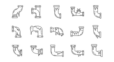 Set of minimalistic outline icons representing frozen pipes with dripping icicles, suitable for web and graphic design, apps, banners, social networks, and cards. This vector cartoon illustration